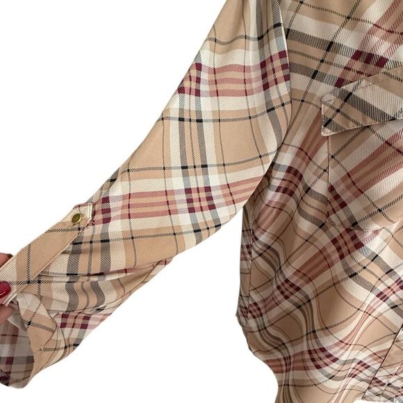 Cato, Lg, Plaid Pullover Blouse, 3/4 Roll Tab Sleeve, Gold 1/4 Zip V Neck, NWOT - Picture 3 of 6